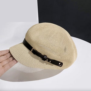 Handmade Women Octagonal Sun Hat, Sun Cap, Summer Straw Thin Newsboy Cap, Painter Knitted Beret Hat, Breathable Outing Travel Octagonal Hat Beż