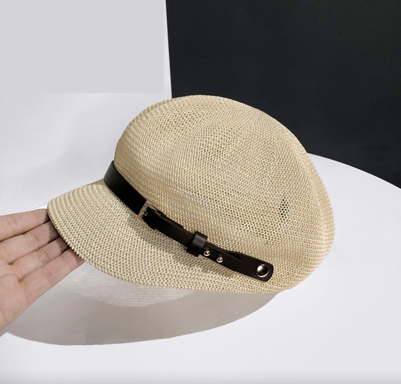 Handmade Women Octagonal Sun Hat, Sun Cap, Summer Straw Thin Newsboy Cap, Painter Knitted Beret Hat, Breathable Outing Travel Octagonal Hat Beż