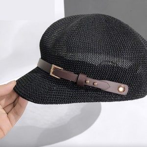 Chapeau de soleil octogonal pour femme fait main, bonnet de soleil, casquette gavroche fine en paille d'été, béret tricoté pour peintre, chapeau octogonal de voyage respirant Noir