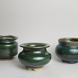 Handmade 3.75&quot; Glazed Ceramic Plant Pot With Drainage // Shimmery Emerald Green Planter