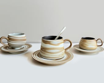 Handmade Café Cup Set // Marbled Ceramic Coffee Cup Set With Saucer & Spoon // Cappuccino Cup // Espresso Cup - US Tariffs Included