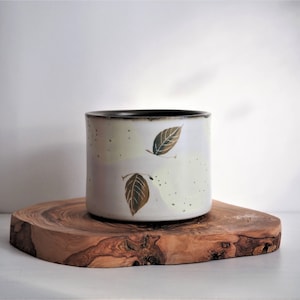 May include: A white ceramic planter with a brown rim and a leaf design. The planter is sitting on a wooden base.