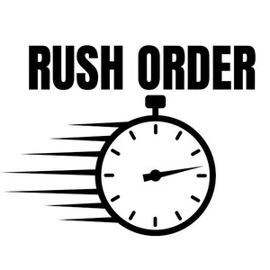 Peut inclure: Un graphique en noir et blanc présentant le texte RUSH ORDER en lettres capitales grasses au-dessus d'une icône de chronomètre circulaire. Le chronomètre comporte des lignes de mouvement horizontales s'étendant vers la gauche.