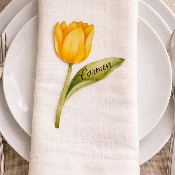 Segnaposto personalizzati con tulipani gialli / Decorazioni personalizzate per matrimoni e cene.