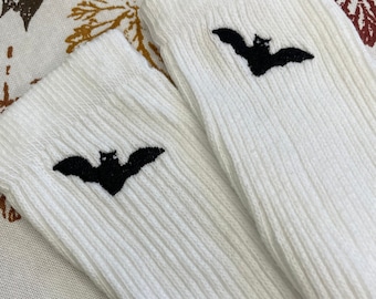 Bat Embroidered Crew Socks, Halloween Bats Embroidery, Silly Funny Minimalist Socks
