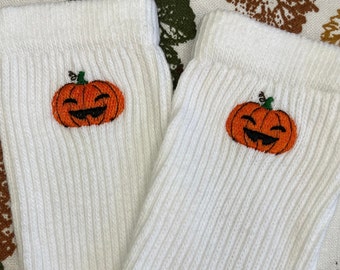 Pumpkin Embroidered Socks, Halloween Embroidery Crew Socks