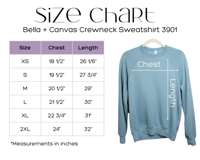 Może przedstawiać: Tabela rozmiar&oacute;w dla rozpinanej bluzy Bella + Canvas w rozmiarach od XS do 2XL. Tabela pokazuje wymiary klatki piersiowej i długości w calach.