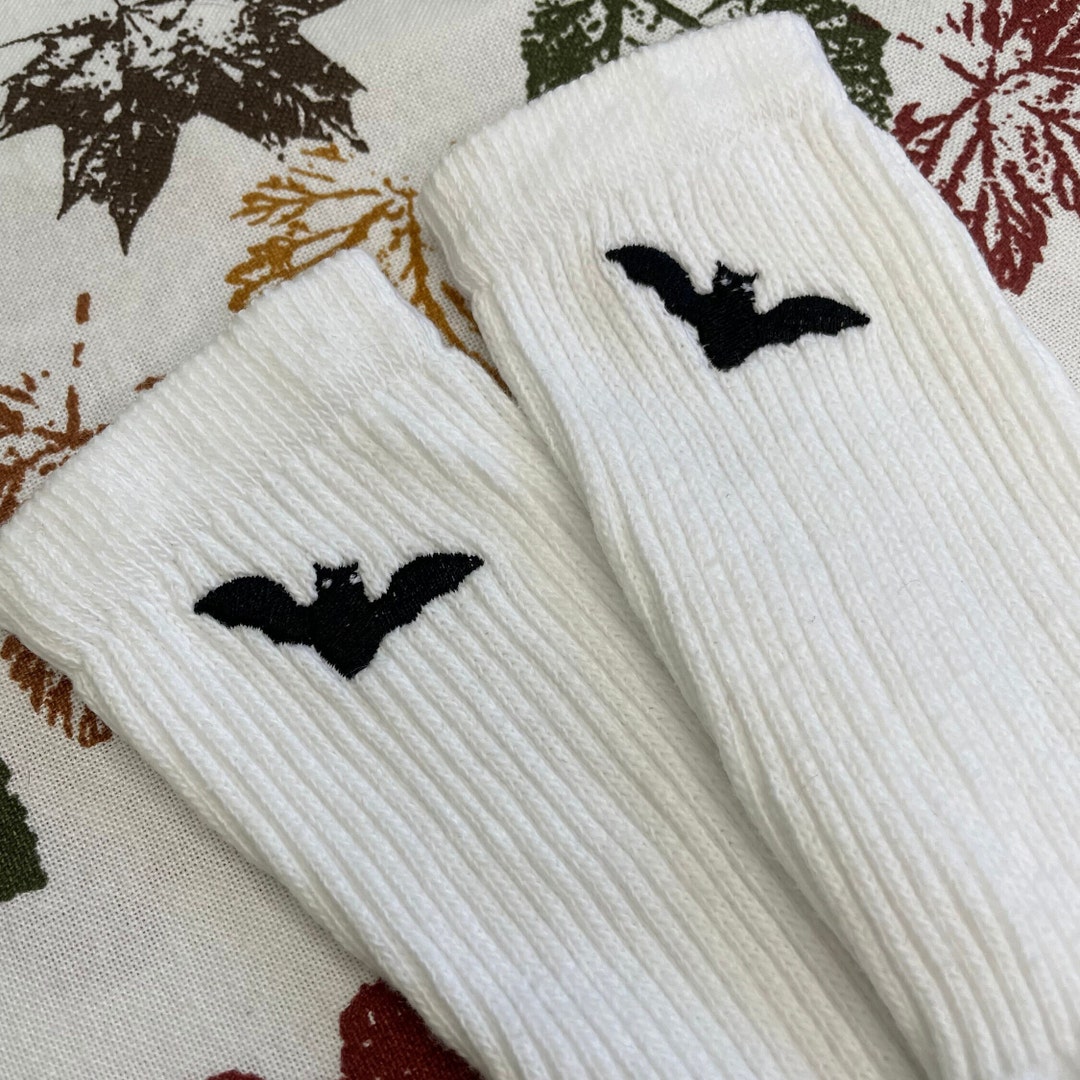 Bat Embroidered Socks, Halloween Bats Embroidery Crew Socks Etsy