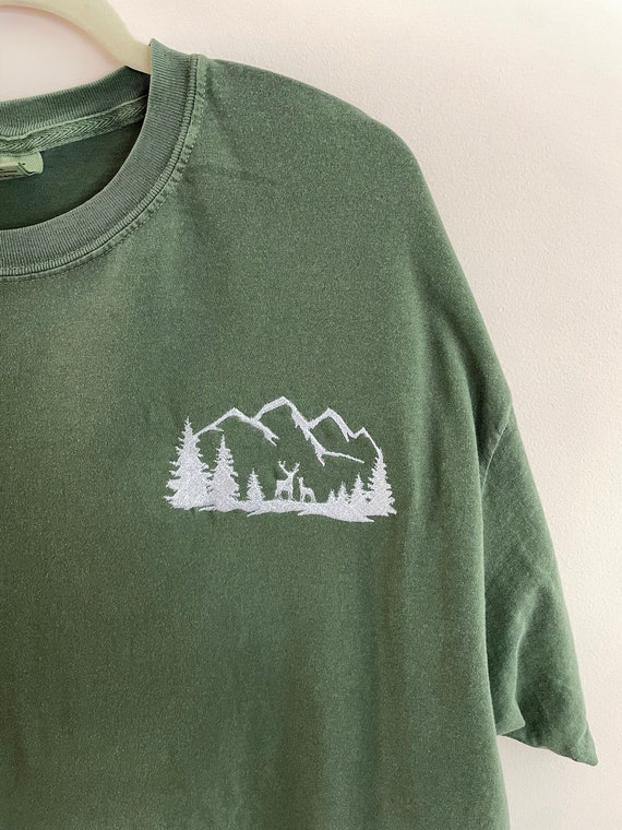 Mountain Deer Trees embroidered custom t-shirt. Father's Day Gift, Comfort Colors tshirt