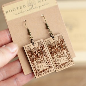 Tarot Card  &quot;The Lovers&quot;  Handmade Etched Earrings - Natural Cherry Wood