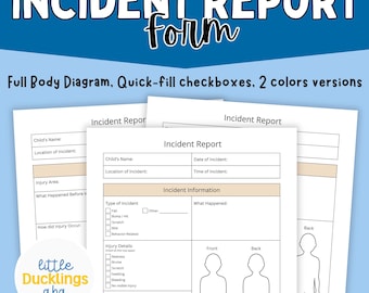 Afdrukbaar sjabloon voor incidentrapport voor kinderdagverblijven, ABA Clinic & School, rapportformulier gedragsletsel met lichaamsdiagram, formulier gedragsincident