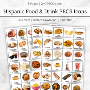Ícones PECS de alimentos e bebidas hispânicos, cartões de comunicação PECs de alimentos, cartões de comunicação não verbal, cartões visuais de alimentos e bebidas, troca de imagens