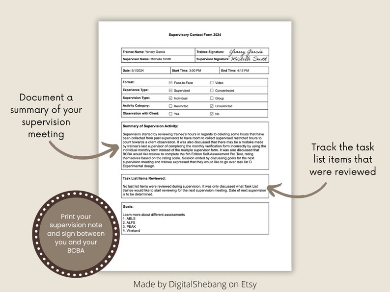 May include: A black and white printable form titled "Supervisory Contact Form 2024" with sections for trainee and supervisor names, dates, times, format, experience type, supervision type, activity category, observation with client, summary of supervision activity, task list items reviewed, and goals. The form is designed to track supervision meetings between a BCBA and a trainee.