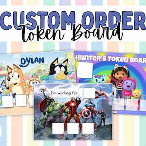 Könnte beinhalten: Individuelle Token-Boards mit dem Text "Custom Order Token Board". Die Boards zeigen Zeichentrickfiguren und den Text "Dylan" und "Hunter's Token Board". Die Boards haben Felder für Token und sind mit farbenfrohen Illustrationen dekoriert.