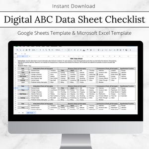 Pode incluir: Uma lista de verificação digital da folha de dados ABC exibida em um monitor de computador. A tela mostra um modelo de planilha para registrar incidentes de comportamento, com seções para informações do aluno, antecedentes, comportamento e consequências.