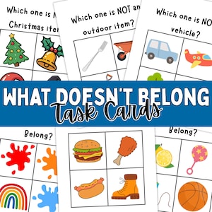 May include: A collection of task cards with the title "WHAT DOESN'T BELONG Task Cards" in a blue banner. The cards feature various images, including a Christmas tree, bell, fork, wheelbarrow, car, airplane, paint splatters, food items, and a basketball.