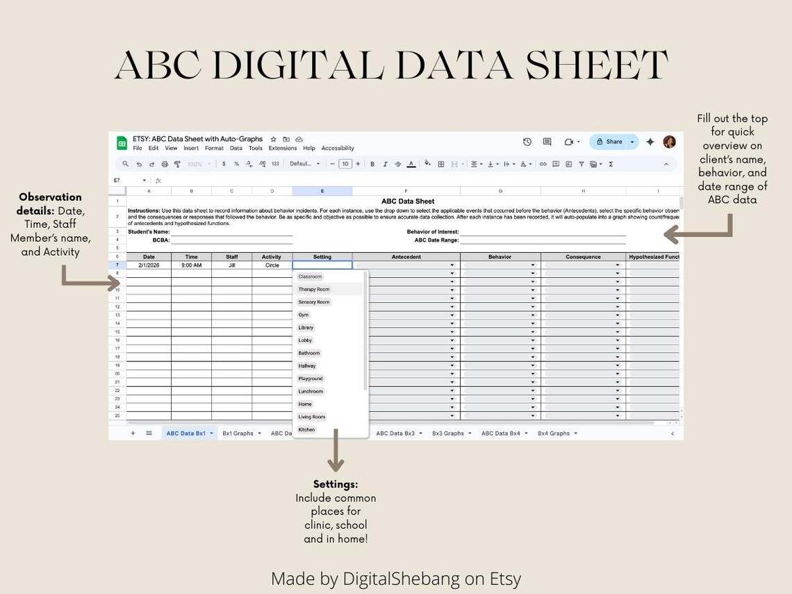 Digital ABC Behavior Data Sheet With Auto-graphs (google Sheets) - Etsy