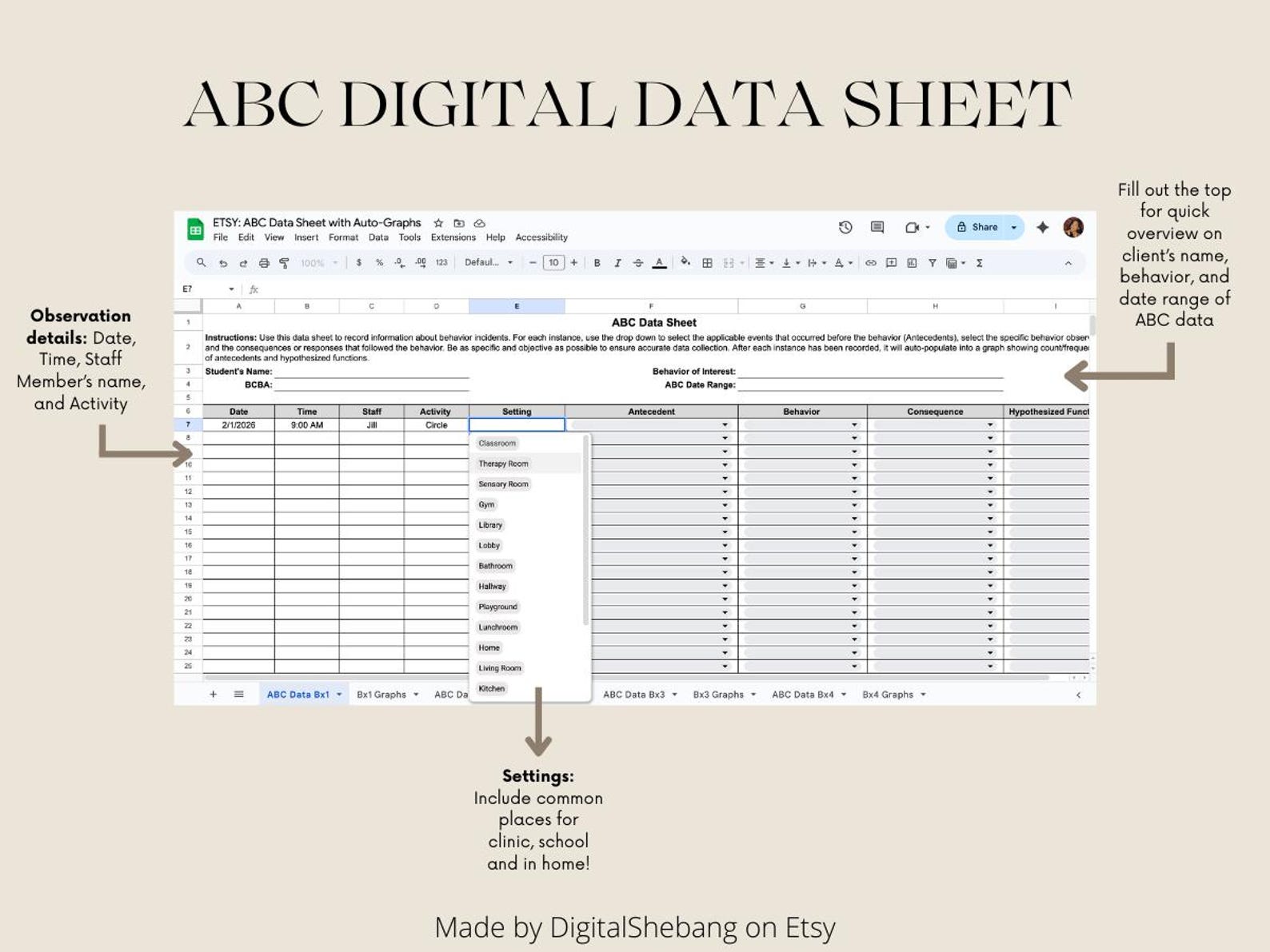 Digital ABC Behavior Data Sheet With Auto-graphs (google Sheets) - Etsy