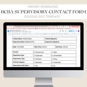 Può includere: Un modello di modulo di contatto di supervisione BCBA per Google Docs. Il modulo include campi per i nomi del tirocinante e del supervisore, la data, l'ora di inizio e di fine, il formato, il tipo di esperienza, il tipo di supervisione, la categoria di attività e l'osservazione con il cliente. Il modulo include anche caselle di controllo per il formato faccia a faccia o video, il tipo di esperienza supervisionato o concentrato, il tipo di supervisione individuale o di gruppo, la categoria di attività limitata o illimitata, e sì o no per l'osservazione con il cliente.