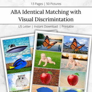 May include: A printable set of 13 pages with 50 pictures for ABA therapy. The pages feature matching activities with images of a boat, a fish, a hamster, an apple, a butterfly, and a baby.
