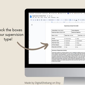 May include: A computer screen displaying a printable supervisory contact form for 2004. The form includes fields for trainee name, supervisor name, date, start time, end time, format, experience type, supervision type, activity category, observation with client, and a summary of supervision activity.