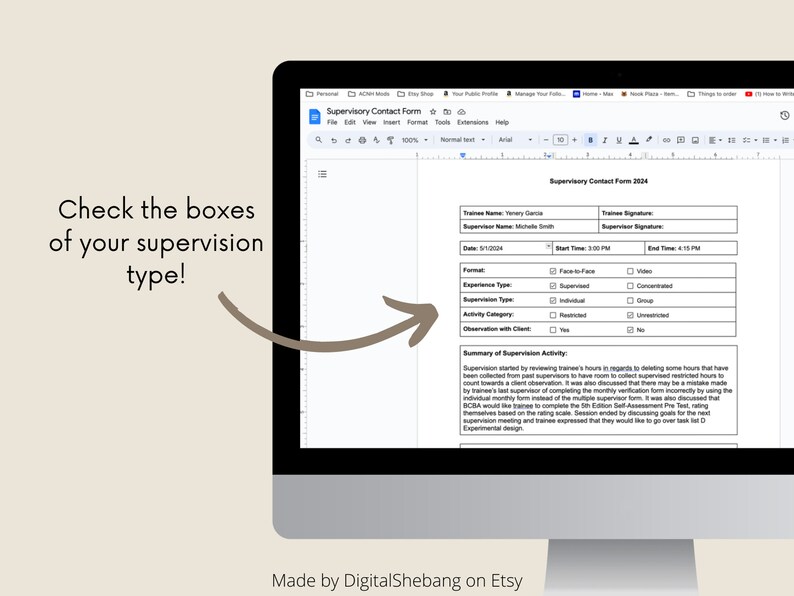 May include: A computer screen displaying a printable supervisory contact form for 2004. The form includes fields for trainee name, supervisor name, date, start time, end time, format, experience type, supervision type, activity category, observation with client, and a summary of supervision activity.