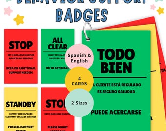 Gedragsondersteunende badges voor ABA Classroom | Tweetalig Engels Spaans RBT BCBA-communicatiekaarten | Afdrukbare gedragsstatusborden