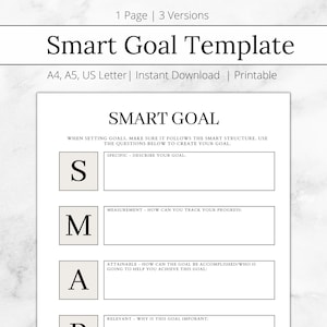 May include: A printable Smart Goal Template with the title "Smart Goal Template" at the top. The template includes sections for Specific, Measurable, Attainable, Relevant, and Time-bound goals. The template is available in A4, A5, and US Letter sizes.