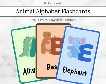 ABC Animal Alphabet Flashcards, Educational Flashcards, A-Z Cards, Montessori Cards, Homeschool Printable, Preschool Flashcards, Learn ABCs