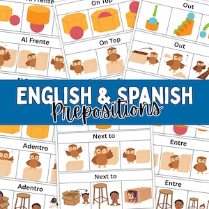 May include: Educational flashcards with English and Spanish prepositions. The cards feature illustrations of owls and boxes, demonstrating concepts like "on top," "next to," and "out." The title "ENGLISH & SPANISH Prepositions" is displayed in a blue banner.