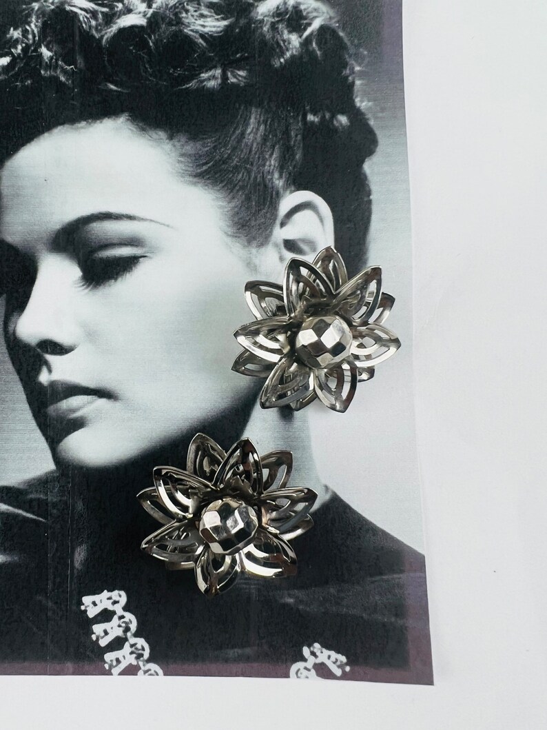 Vintage silver tone blooming flowers clip on earings old glam medium size earrings Gift Hollywood glam BuffaloVTGJewelry image 6