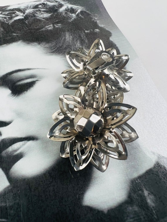 Vintage silver tone blooming flowers clip on eari… - image 3