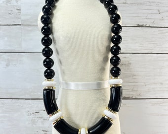 1980s Vintage Chunky Black White and Gold Beaded Statement Necklace