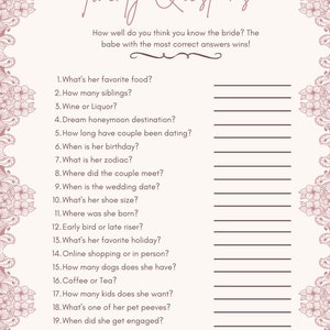 Bridal Shower Game, Instant Download, 20 Questions BridalGame, Printable, Questions Wedding Game, Fun Wedding & BrideGame, Bridal Party Game