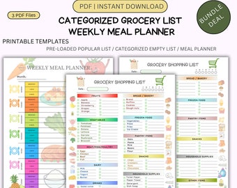Grocery List & Weekly Meal Planner Bundle, Printable Checklist (PDF)