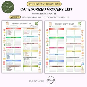 以下が含まれることがあります： 印刷可能な食料品リストテンプレート。2つのバージョンがあります。1つは事前にロードされた人気のあるリスト、もう1つは分類された空のリストです。テンプレートは、各アイテムとフルーツ、野菜、パン、乳製品など、さまざまなカテゴリのチェックボックスを備えたカラフルなデザインです。