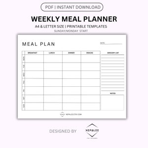 Printable Weekly Meal Planner Landscape, Minimalist Weekly Meal Planner, Grocery List,  Meal Prep Plan Template, A4/Letter, Instant download