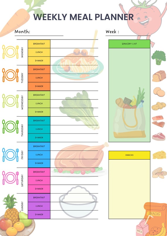 Weekly Meal Planner Grocery List DIY Recipe Meal Tracker: - Etsy