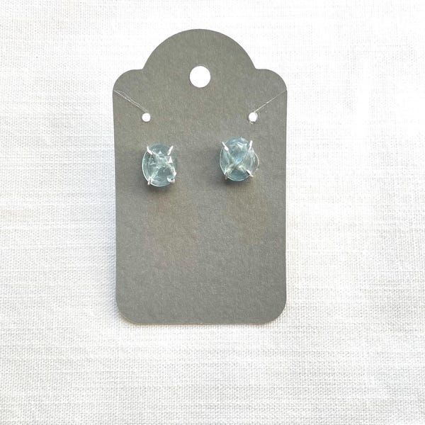 Rose Cut Genuine Aquamarine Oval Stud Earrings in Sterling Silver