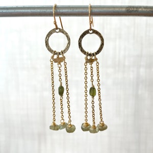 Hammered Gold Circle Dangle Earrings with Peridot and Grossularite Garnet