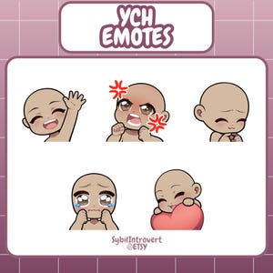 May include: Digital art featuring five chibi-style emotes with various expressions. The emotes include a waving, angry, shy, crying, and loving character. The text "YCH EMOTES" is at the top, with the Etsy shop name "SybilIntrovert" at the bottom.