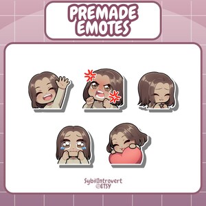 May include: A collection of five premade emotes featuring a cartoon character with brown hair and various expressions. The emotes include a waving, angry, sad, crying, and hugging a heart. The text "PREMADE EMOTES" is at the top.
