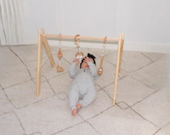 Handcrafted Montessori Wooden Baby Play Gym with Hanging Toys and Removable Accessories | Baby Development and Sensory Play | Organic Gym