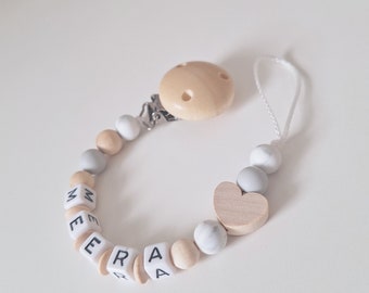 Pacifier Clip with name • Pacifier Clip silicone • Wooden Heart Soother chain • Binky Clip • Customized • Paci Clip • Neutral • Beige
