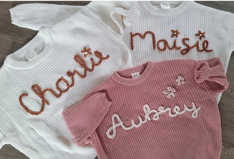 Personalized Hand Embroidered Name Baby Sweater Custom baby name sweater Girl sweater with name Baby shower gift for girl boy Knit image 9