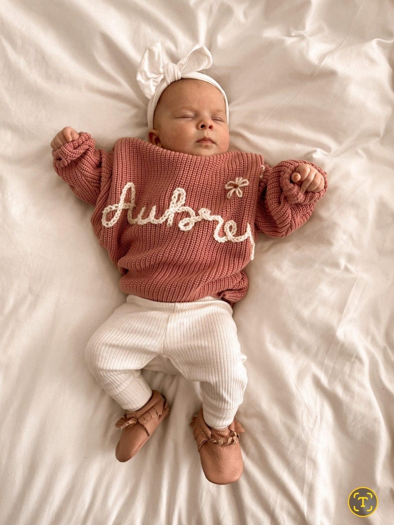 Personalized Hand Embroidered Name Baby Sweater Custom baby name sweater Girl sweater with name Baby shower gift for girl boy Knit image 8