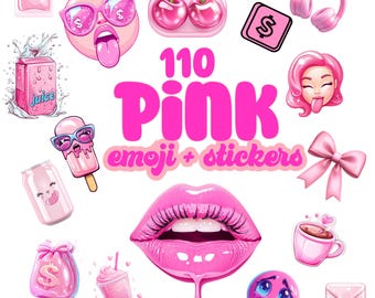 May include: A collection of 110 pink emoji and stickers. The image features various illustrations, including a pink perfume bottle, a money-eyed emoji, cherries, headphones, a money sign, a girl with pink hair, a bow, a juice box, an ice cream, a can, a money bag, a drink, lips, a crying emoji, a cup of coffee, and an envelope.