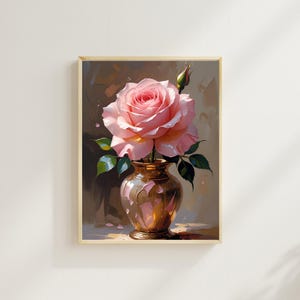 Pink Rose in Vase Art Print: Moody Vintage Floral Painting (Digital Download)