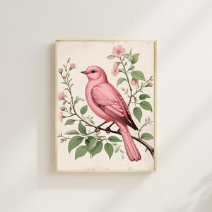 Pink Bird Wall Art, floral nature print, cottagecore poster, botanical artwork for home decor, digital download printable wall art