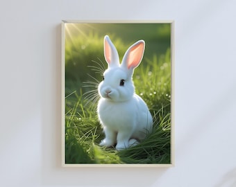 White Rabbit Nursery Print, Cute Bunny on Grass (Digital Download)